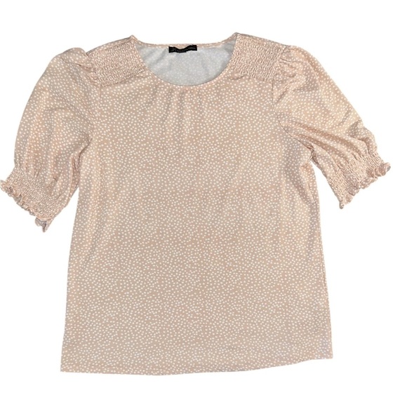 ADRIANNA PAPELL Beige Polka Dot Puff Sleeve Blouse Office Women’s Size Small - Picture 1 of 7
